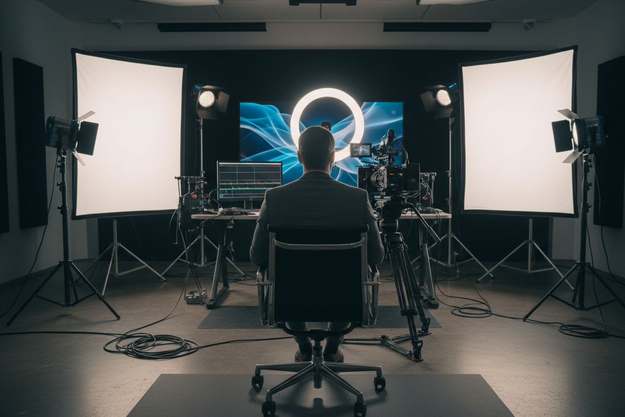 image of a founder sitted in front of a video production set, the image is showing the back view of that founder and giving the impression that he is addressing people, and the actual camera setup in his front