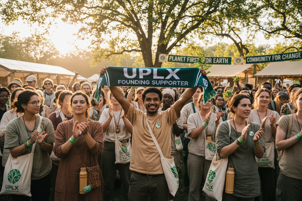 someone holding team scarve that says "UPLX Founding Supporter". let it look like the person is around so many other people who are sustainability conscious